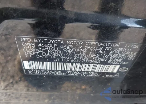 2007 Lexus Es 350 from USA, damaged, VIN JTHBJ46G472073953